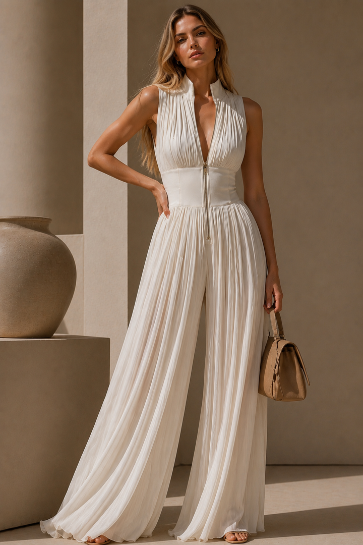 Velara - Front Zip Pleated Palazzo Jumpsuit