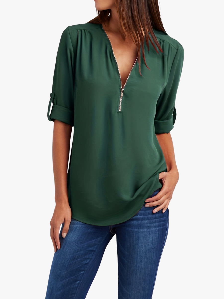 Nivara - Zip V-Neck Woven Blouse