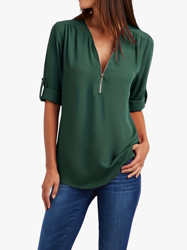 Nivara - Zip V-Neck Woven Blouse
