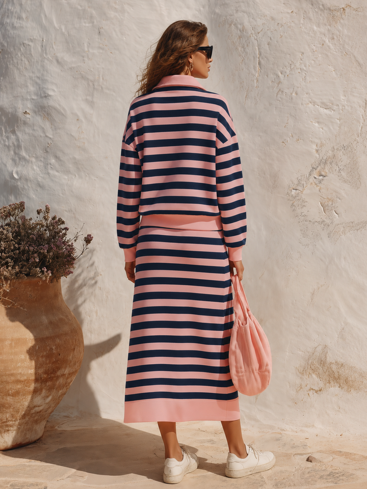 Kivara - Half-Zip Stand Collar Cotton-Blend Skirt Set