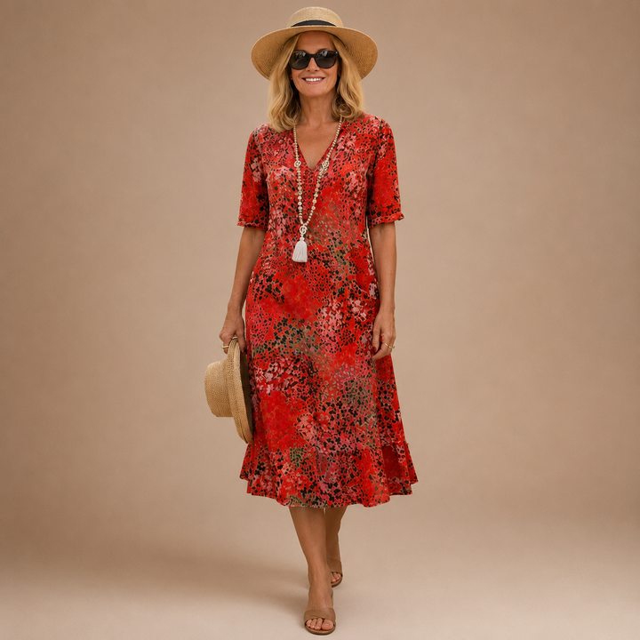 Virelle - V-Neck Patterned Midi Dress