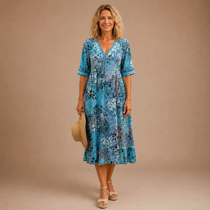 Virelle - V-Neck Patterned Midi Dress
