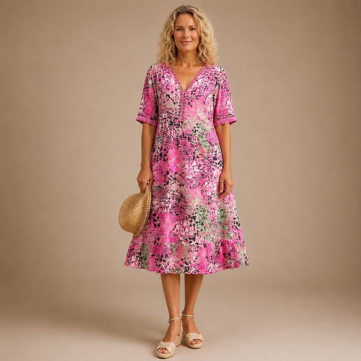 Virelle - V-Neck Patterned Midi Dress