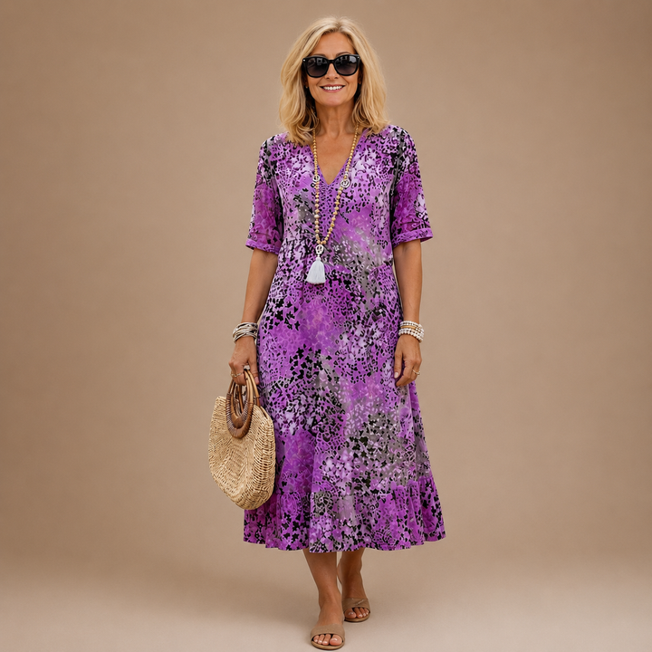 Virelle - V-Neck Patterned Midi Dress
