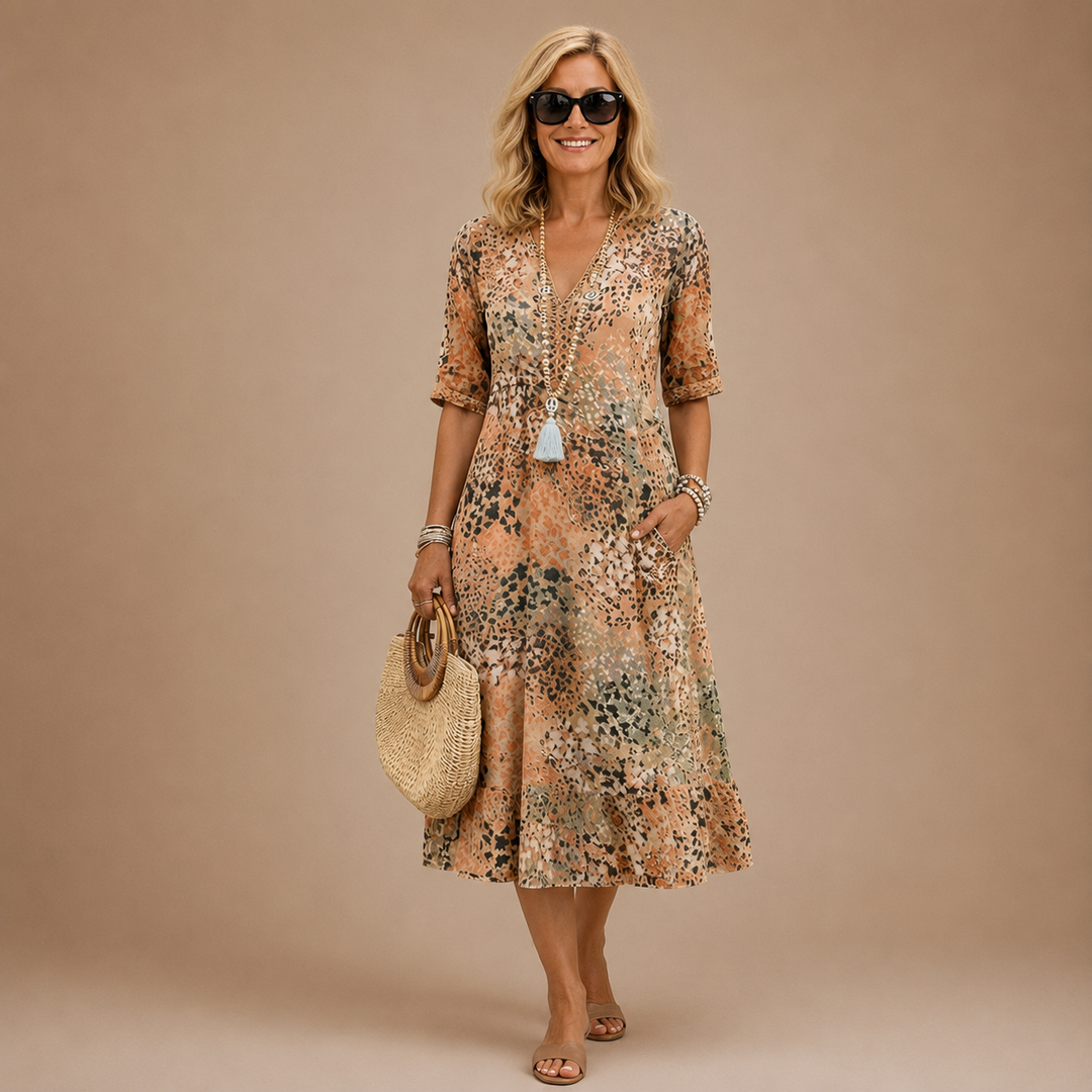 Virelle - V-Neck Patterned Midi Dress