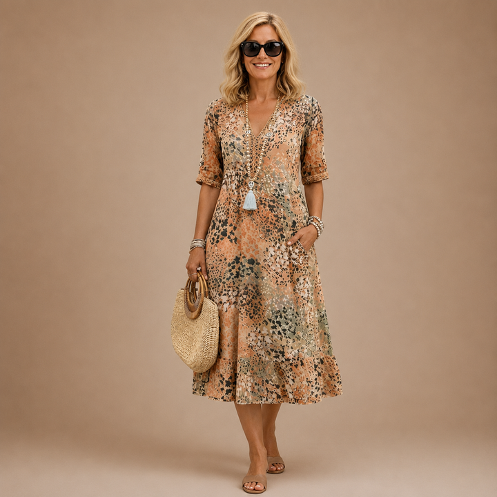 Virelle - V-Neck Patterned Midi Dress