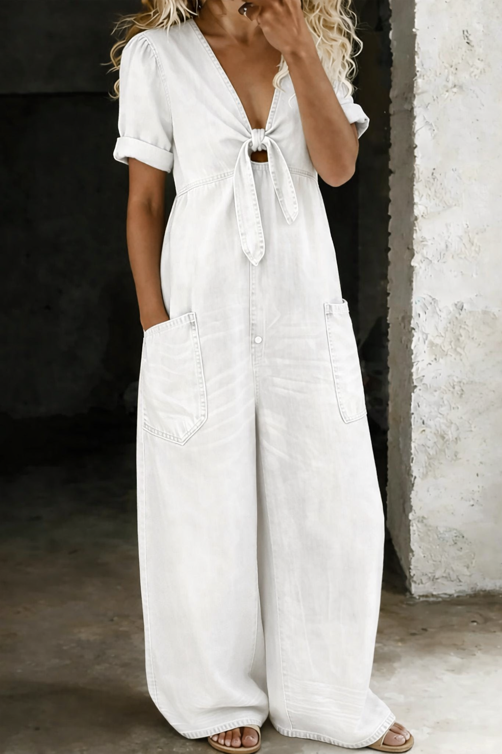Vionne - Tie V-Neck Denim Jumpsuit