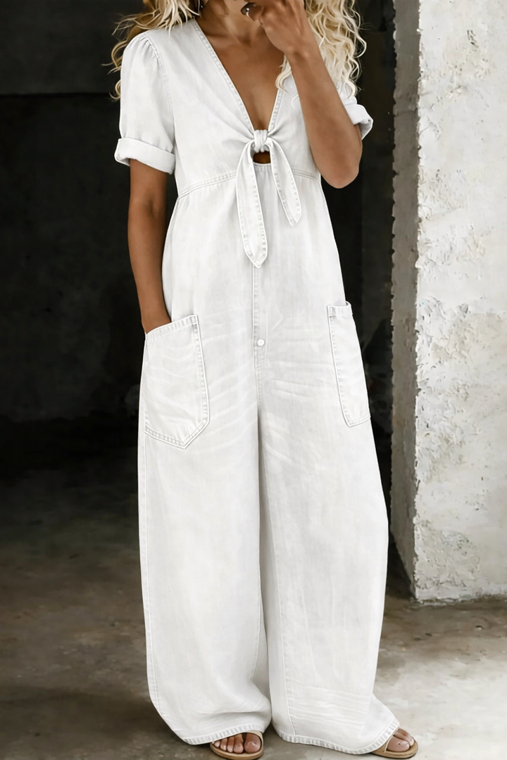 Vionne - Tie V-Neck Denim Jumpsuit
