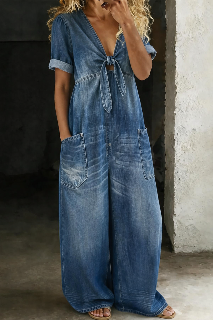 Vionne - Tie V-Neck Denim Jumpsuit