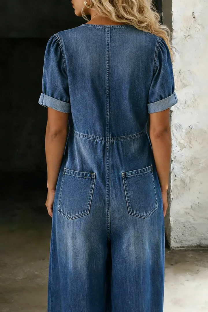 Vionne - Tie V-Neck Denim Jumpsuit