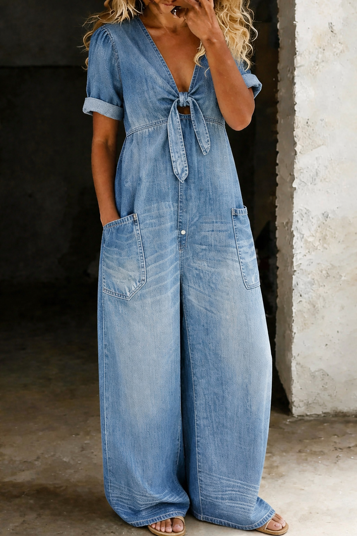 Vionne - Tie V-Neck Denim Jumpsuit