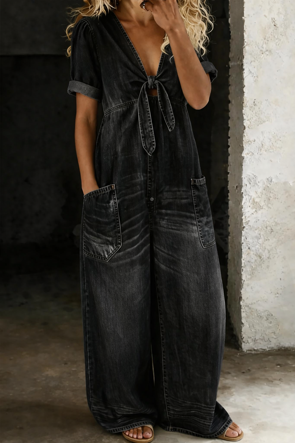 Vionne - Tie V-Neck Denim Jumpsuit