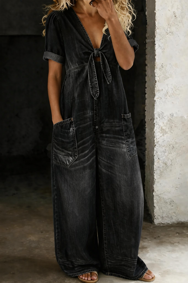 Vionne - Tie V-Neck Denim Jumpsuit