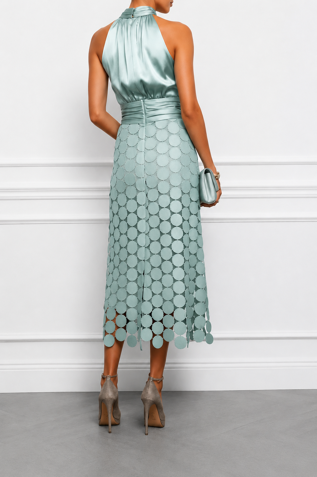 Linara - Circular Appliqué Satin-Finish Midi Dress