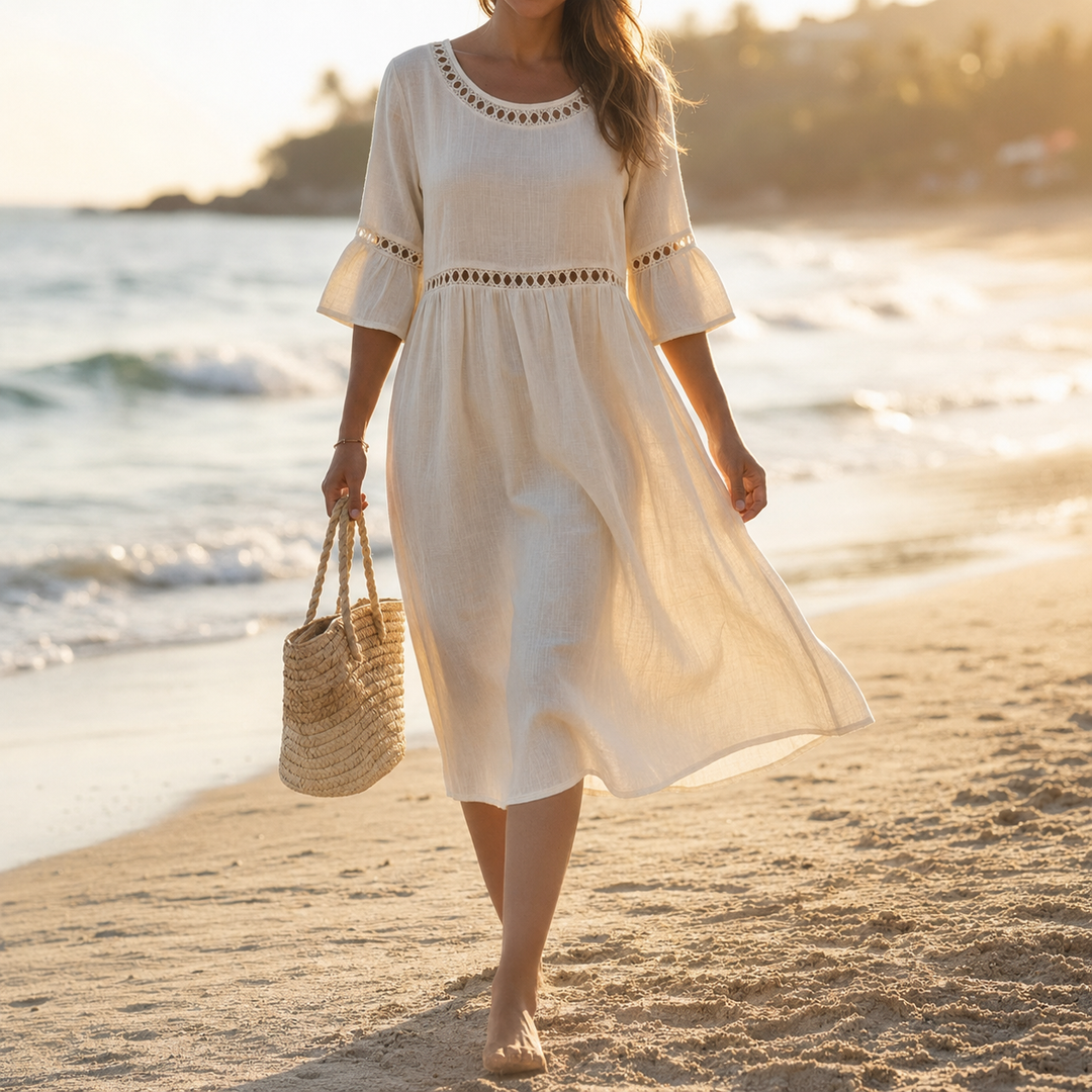Lunira - Lace-Inset Cotton-Linen Midi Dress