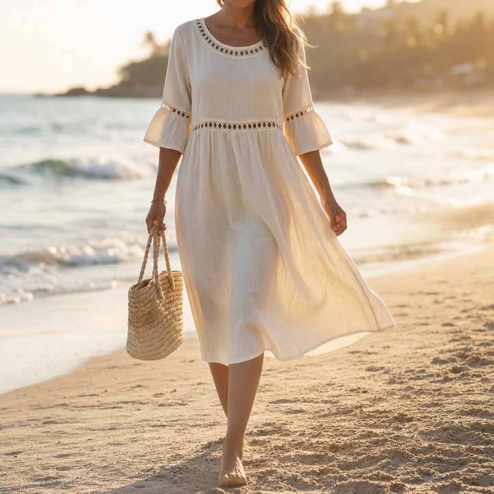 Lunira - Lace-Inset Cotton-Linen Midi Dress