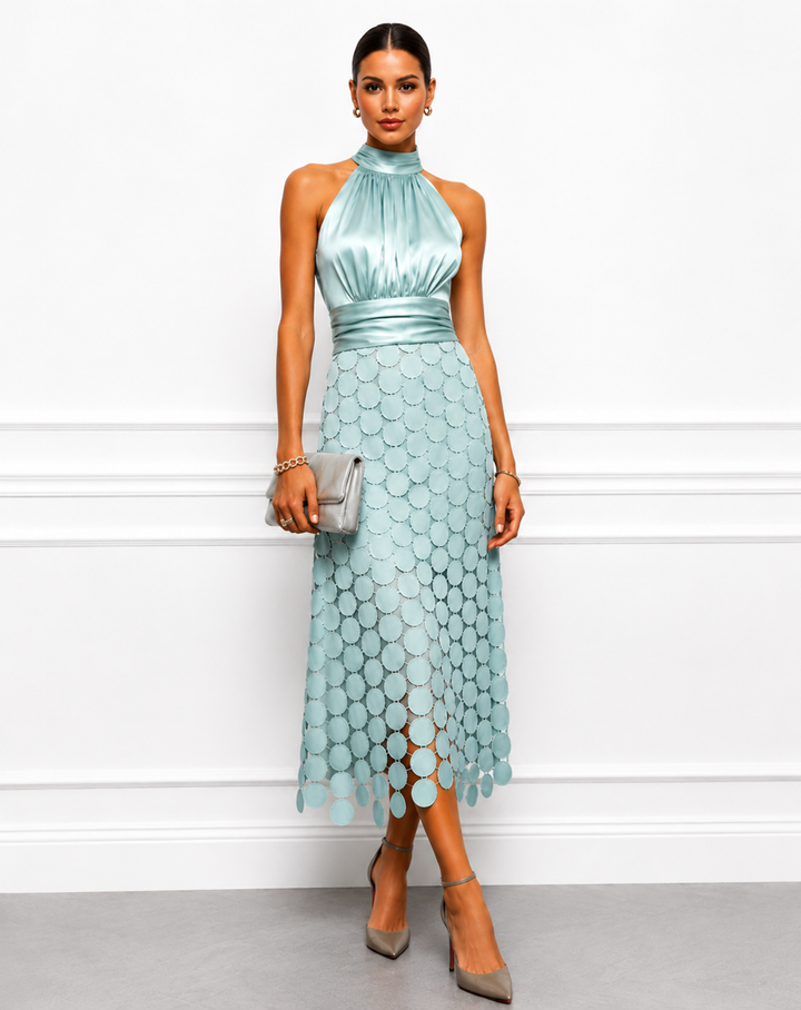 Linara - Circular Appliqué Satin-Finish Midi Dress