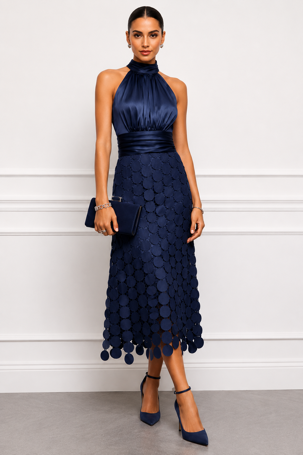 Linara - Circular Appliqué Satin-Finish Midi Dress