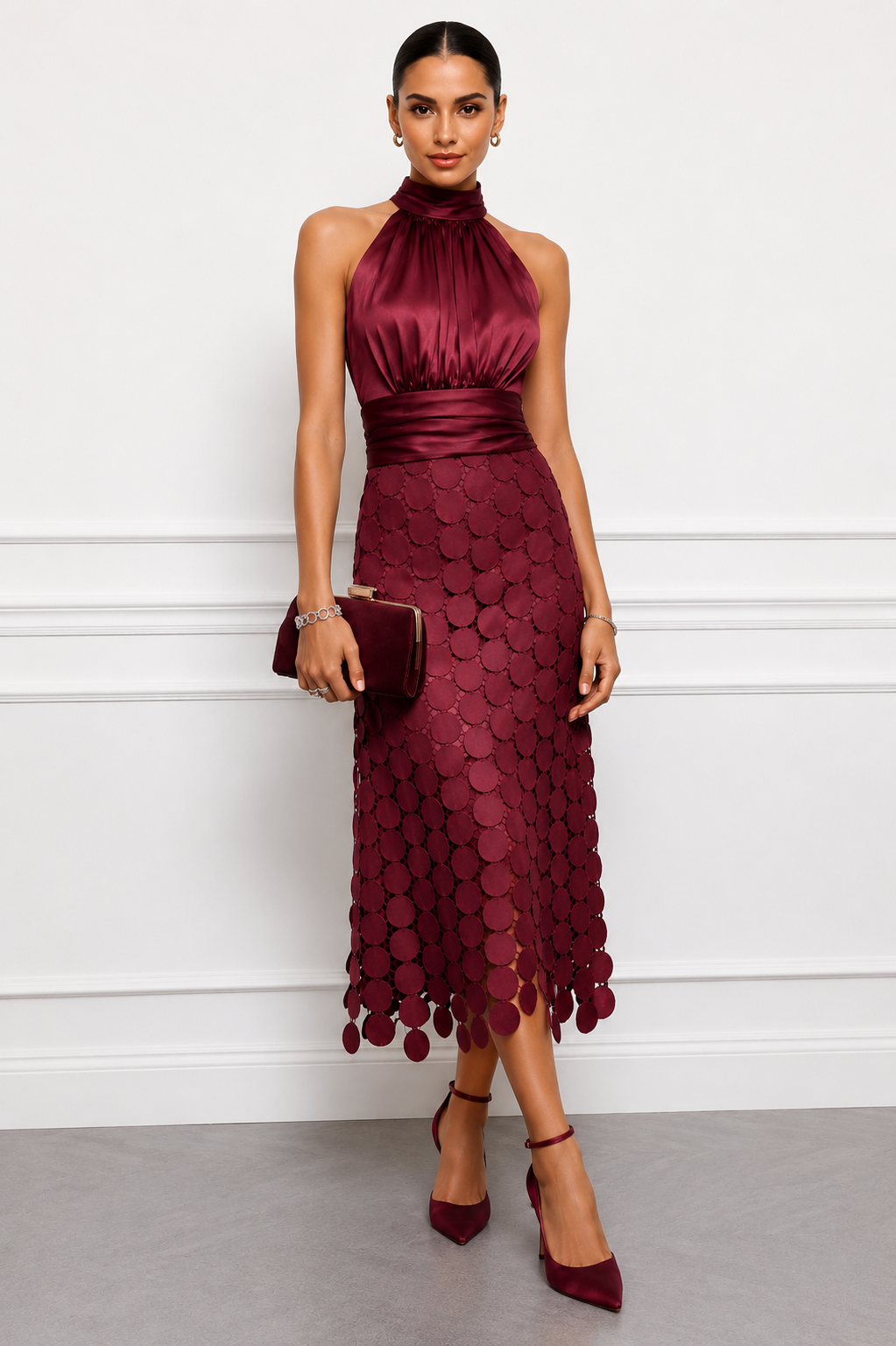 Linara - Circular Appliqué Satin-Finish Midi Dress