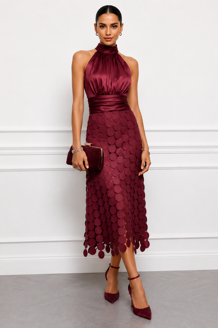 Linara - Circular Appliqué Satin-Finish Midi Dress
