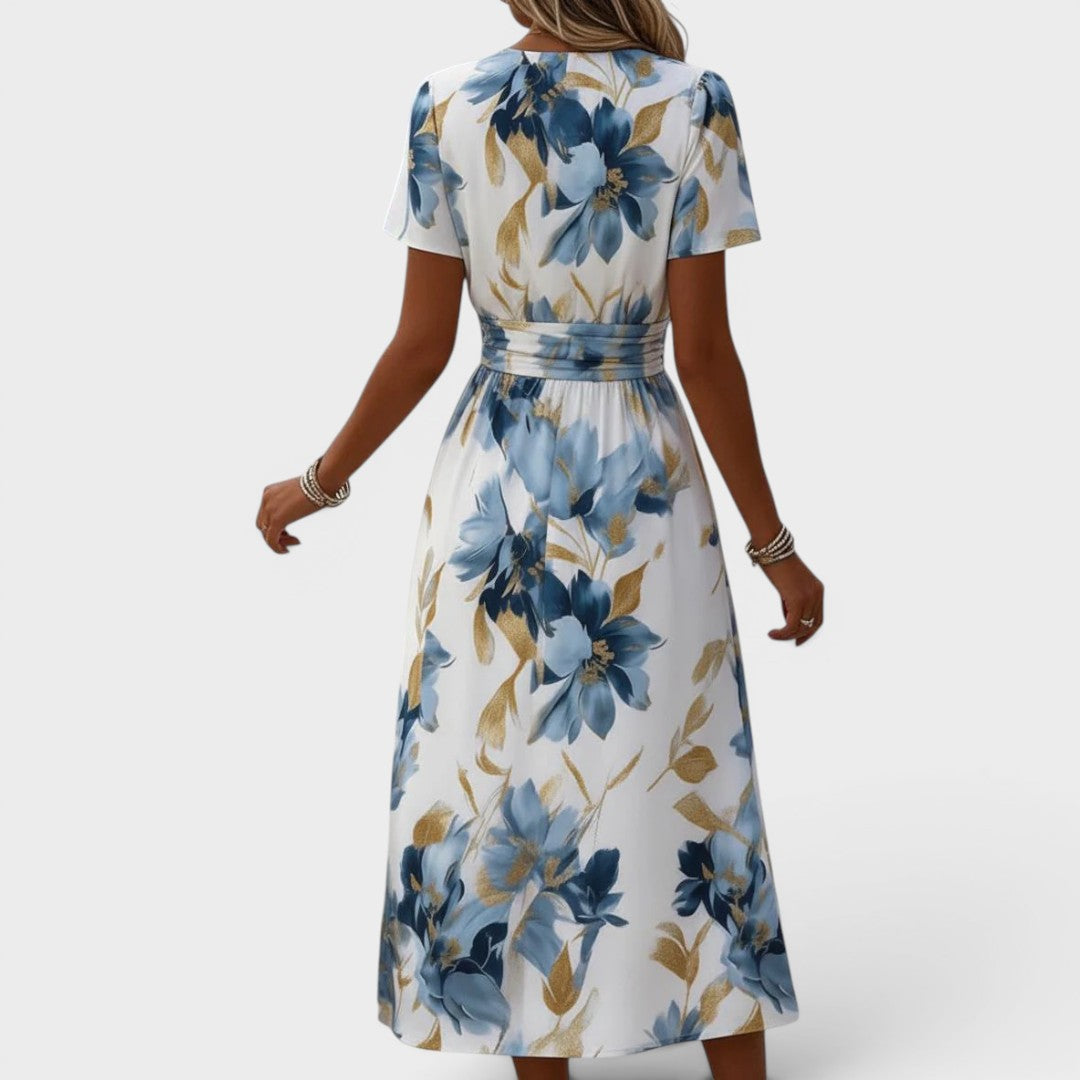 Evadra - Waist-Tie Metallic-Print Midi Dress