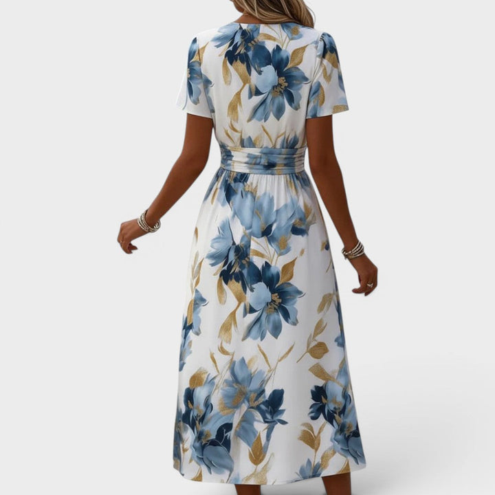 Evadra - Waist-Tie Metallic-Print Midi Dress