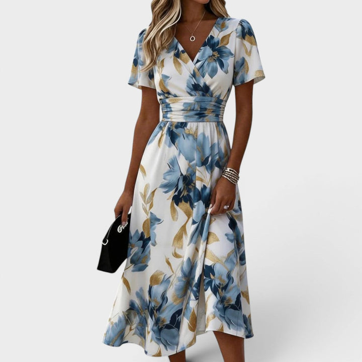 Evadra - Waist-Tie Metallic-Print Midi Dress