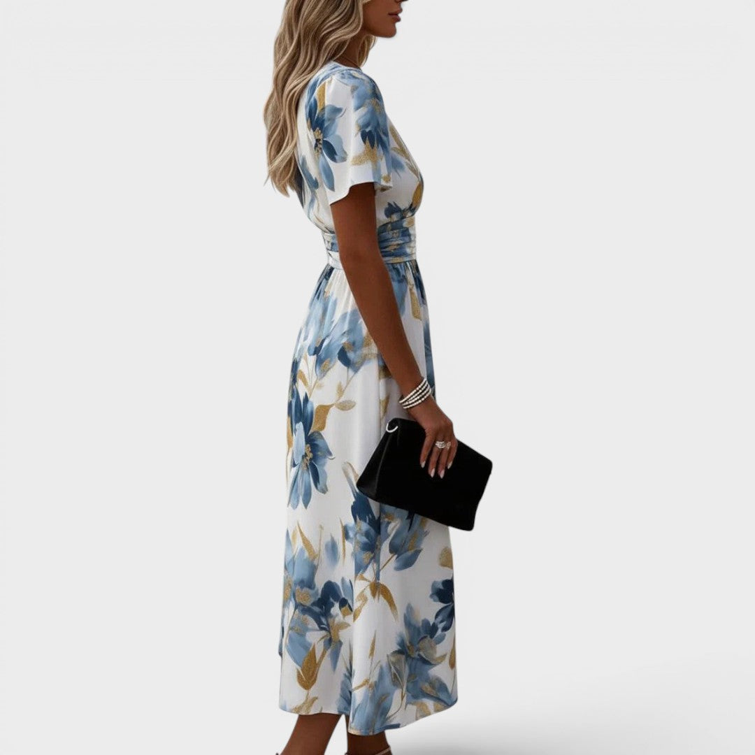 Evadra - Waist-Tie Metallic-Print Midi Dress