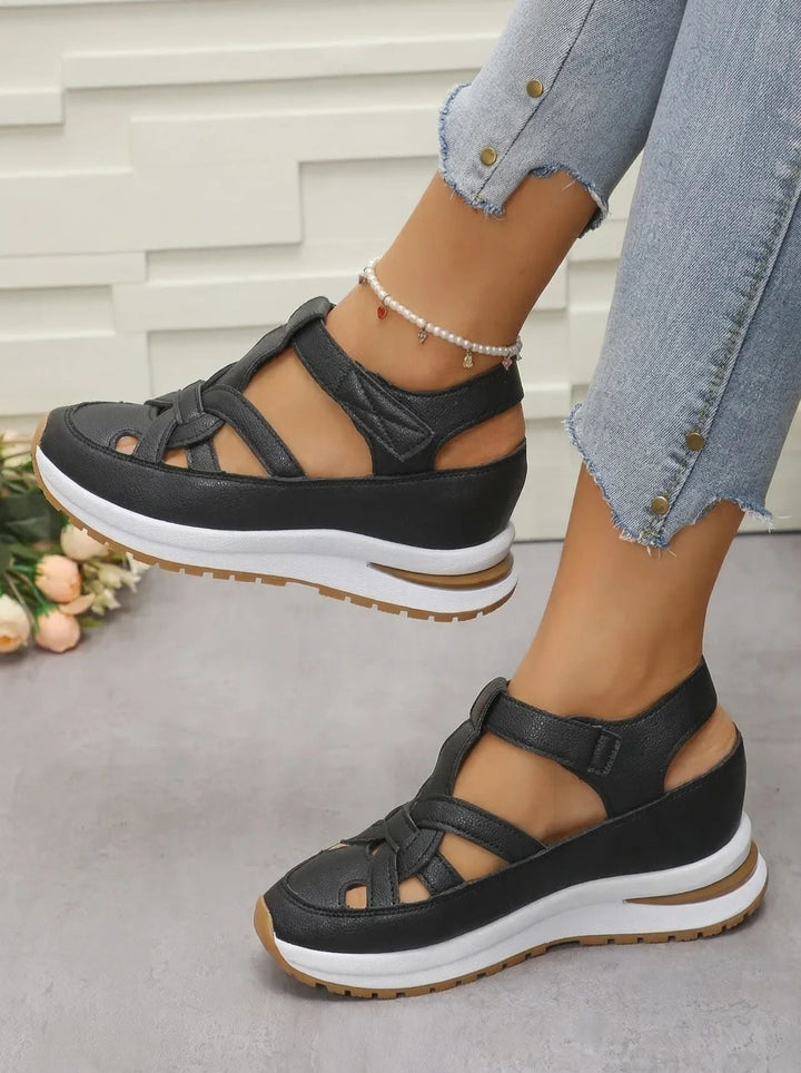 Orlise - Velcro-Strap Rubber-Sole Wedge Sandals