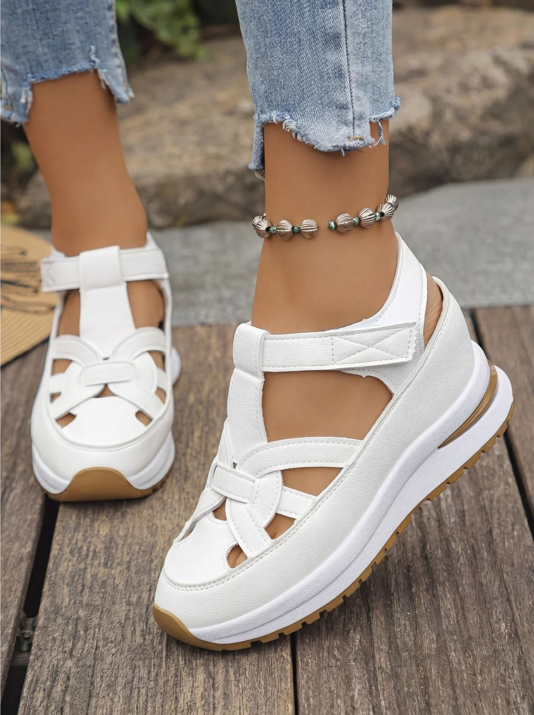 Orlise - Velcro-Strap Rubber-Sole Wedge Sandals