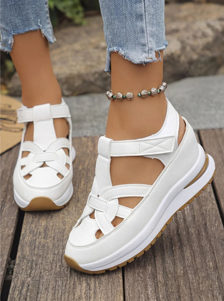 Orlise - Velcro-Strap Rubber-Sole Wedge Sandals