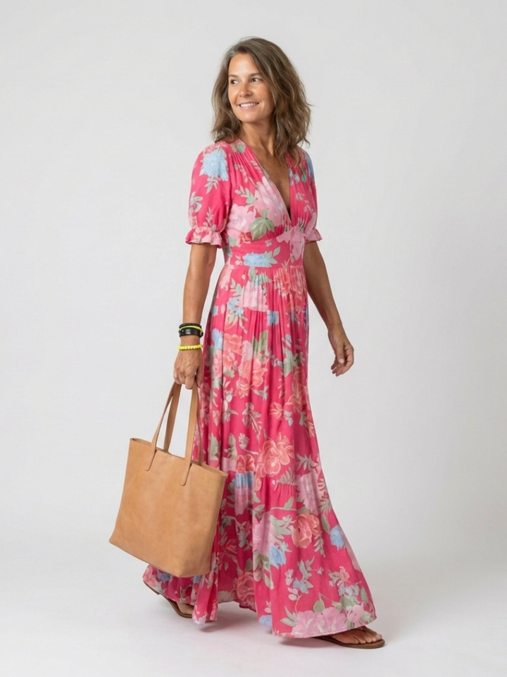 Nolira - V-Neck Floral Print Midi Dress