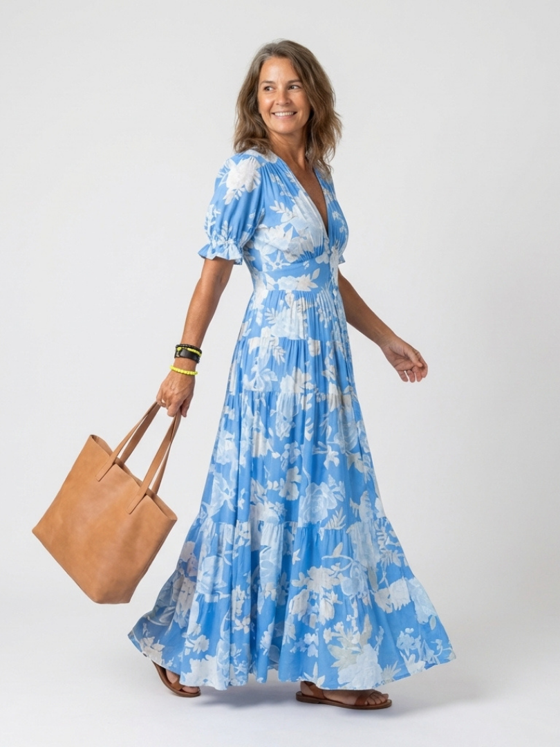 Nolira - V-Neck Floral Print Midi Dress