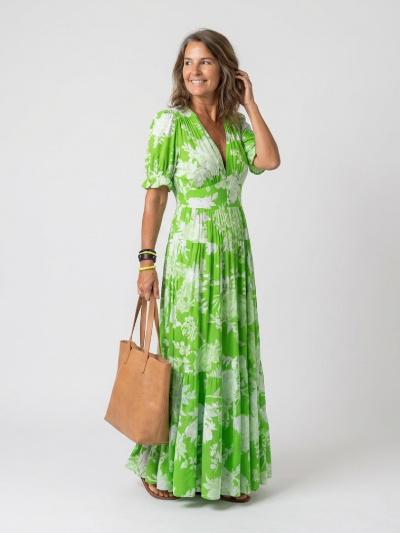Nolira - V-Neck Floral Print Midi Dress