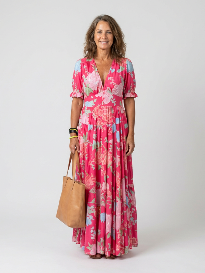 Nolira - V-Neck Floral Print Midi Dress