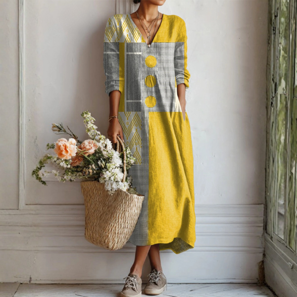 Renara - Abstract Geometry Print Linen Dress