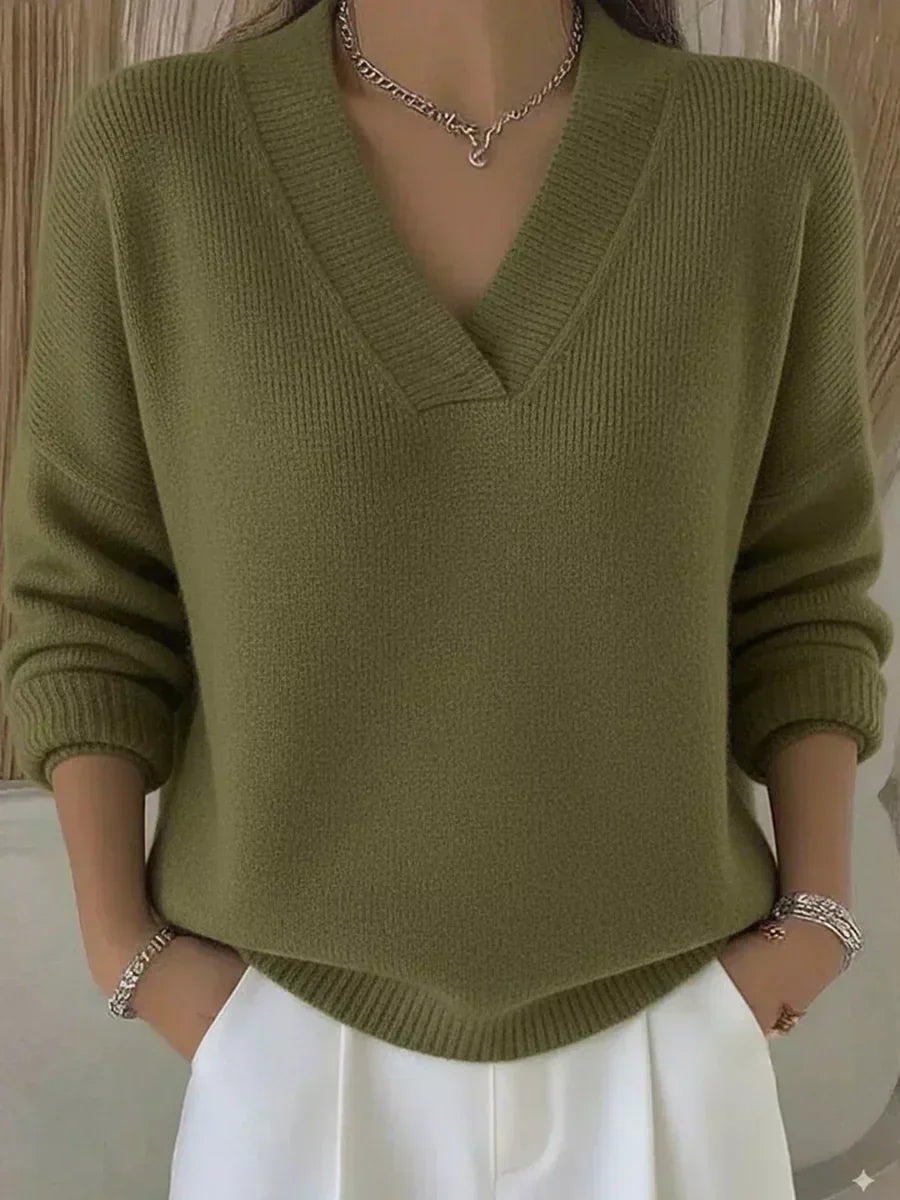 Vesara - Deep V-Neck Fine-Gauge Sweater