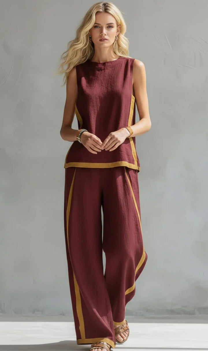 Arenia - Contrast Trim Linen-Cotton Waistcoat Trousers Set