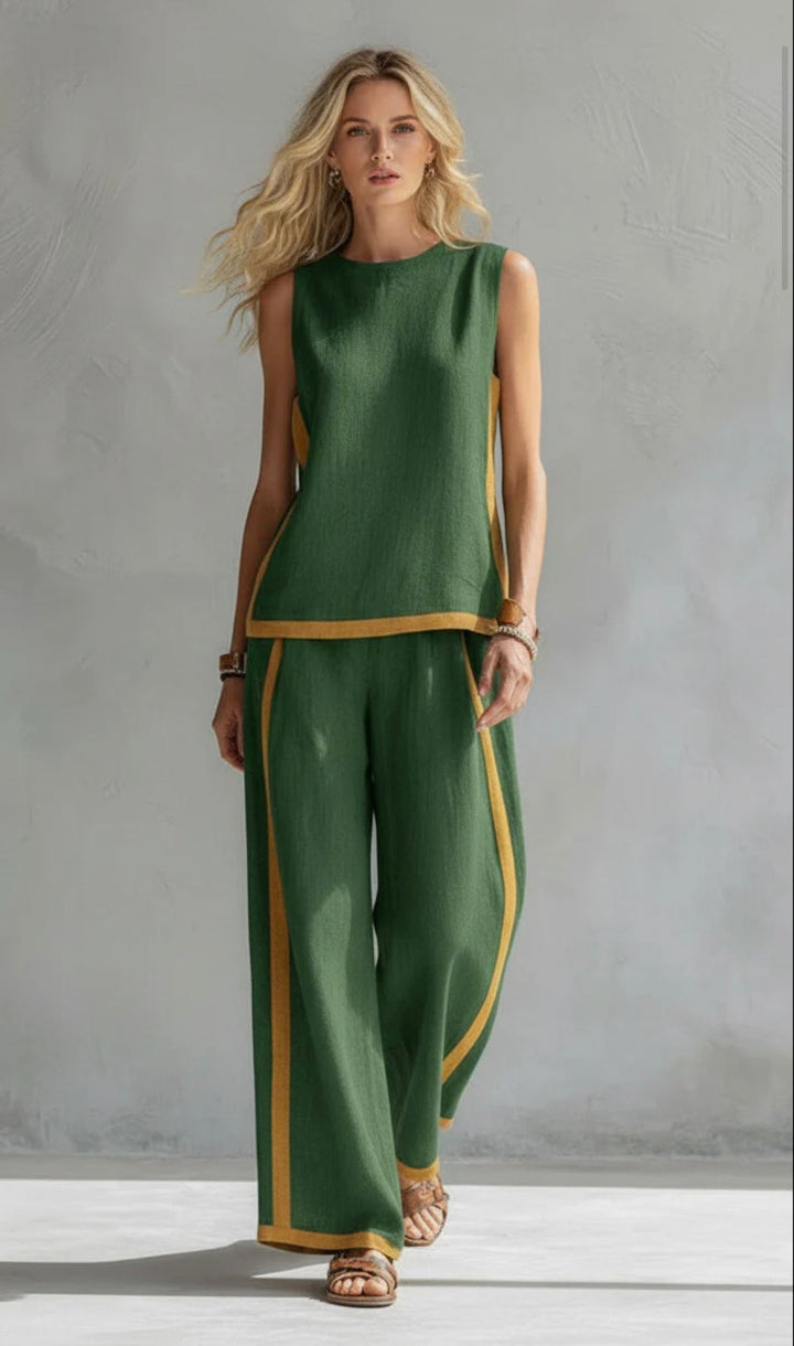 Arenia - Contrast Trim Linen-Cotton Waistcoat Trousers Set