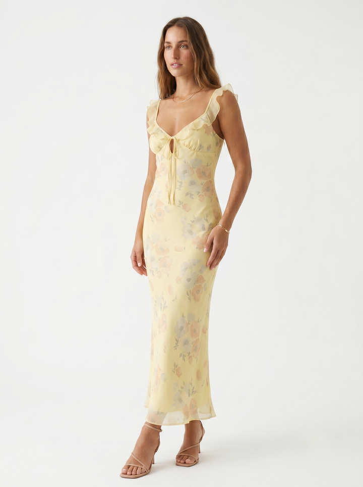 Relana - Ruffled V-Neck Floral Print Dress