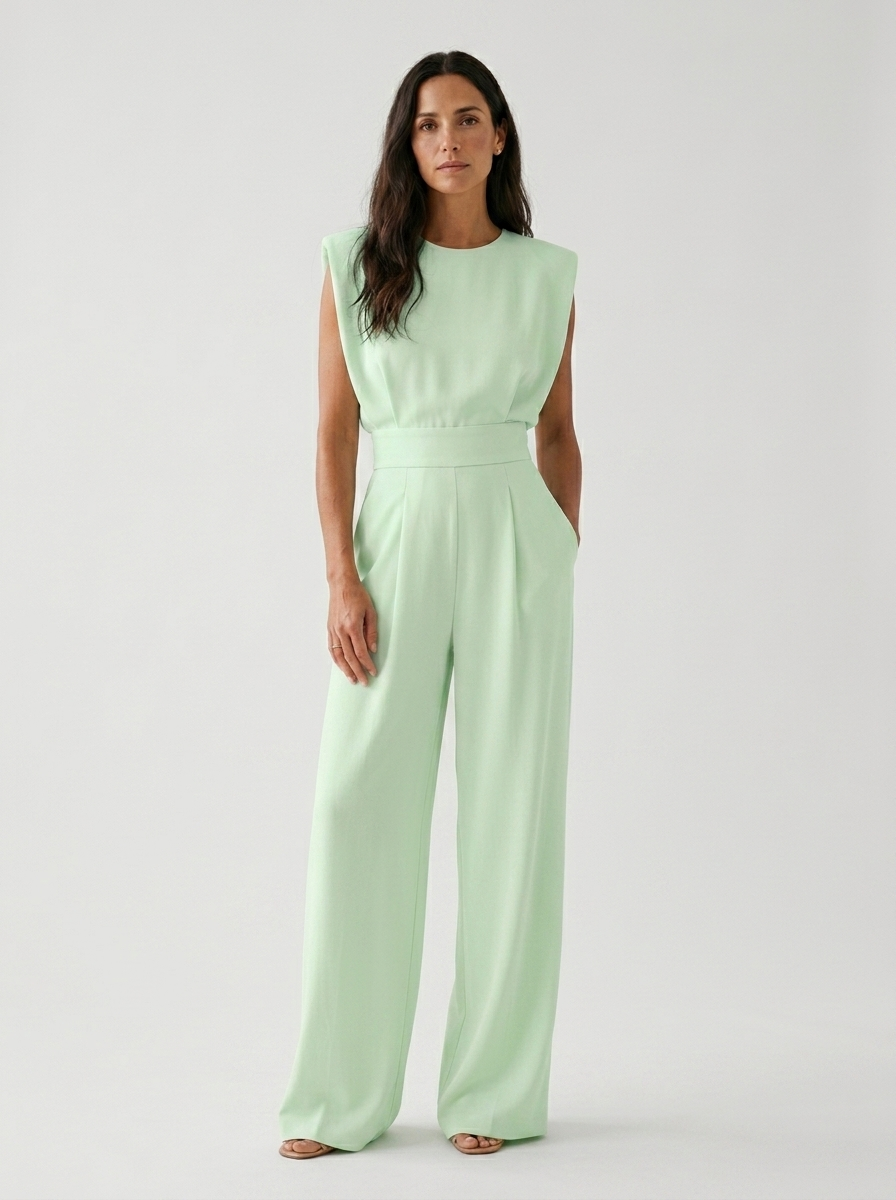 Neraya - Padded-Shoulder Stretch Weave Jumpsuit