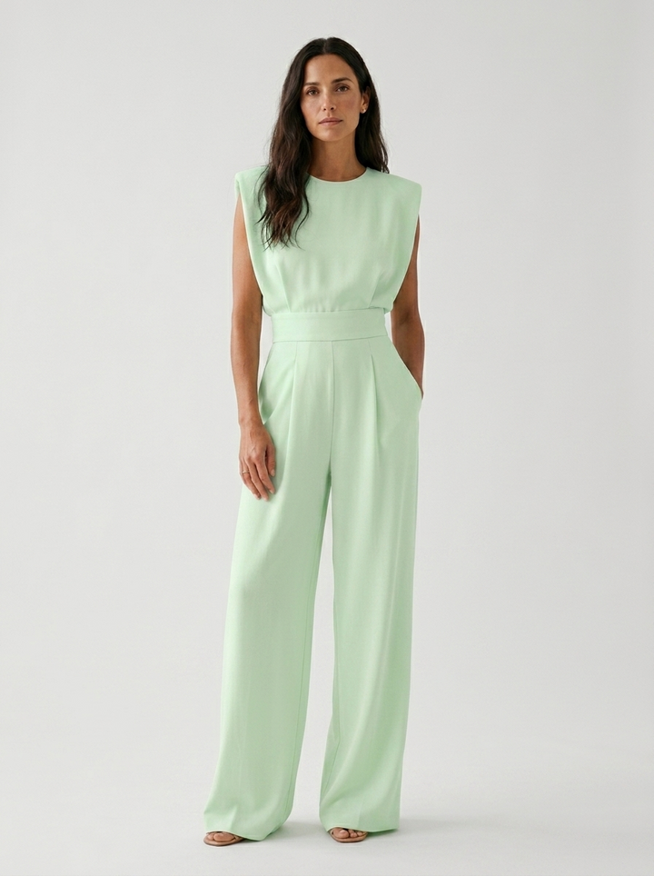 Neraya - Padded-Shoulder Stretch Weave Jumpsuit