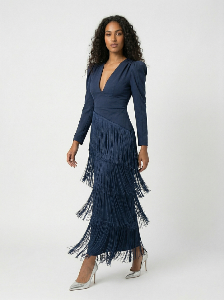 Nalira - Diagonal Fringe Stretch Knit Dress