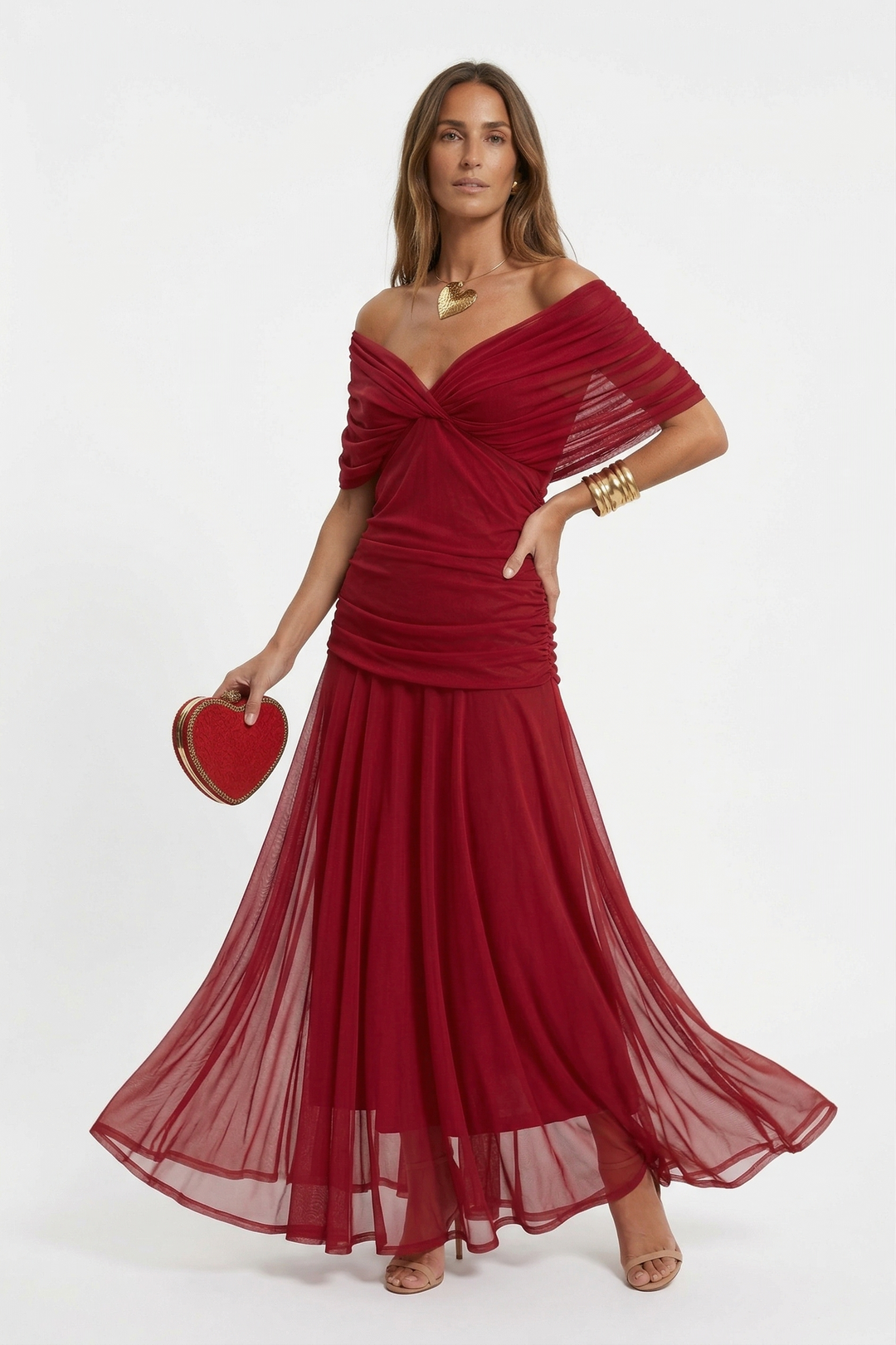 Neraya - Draped V-Neck Satin-Finish Long Dress