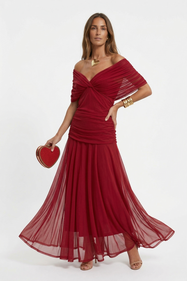 Neraya - Draped V-Neck Satin-Finish Long Dress