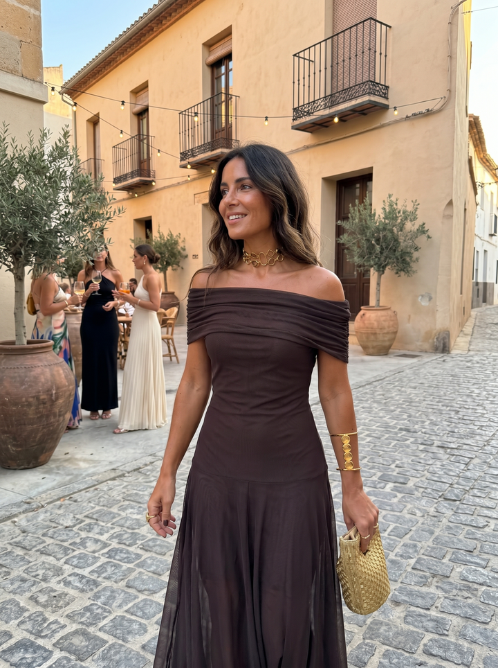 Virela - Off-Shoulder Wrap Technical Microfiber Maxi Dress