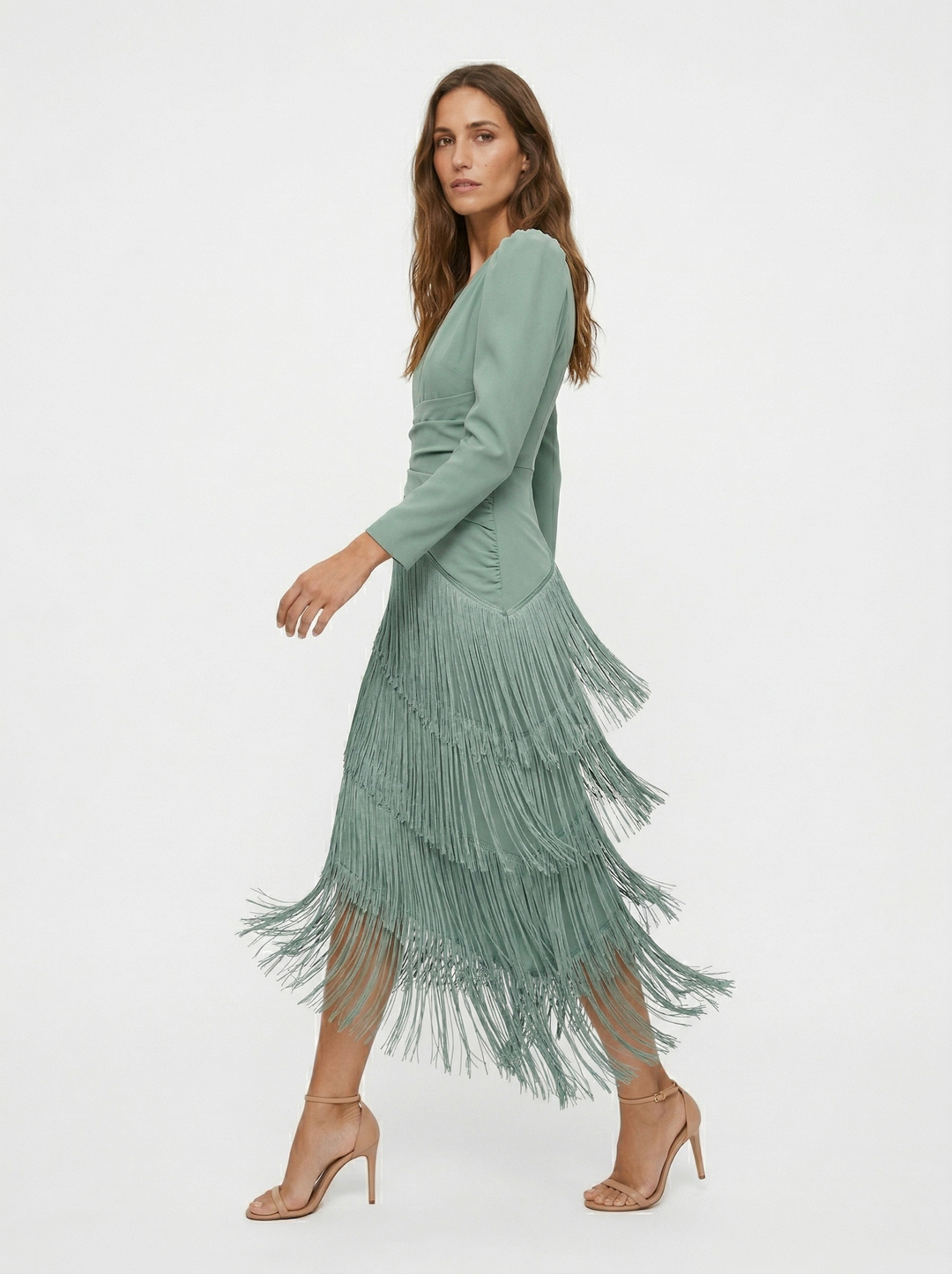 Nalira - Diagonal Fringe Stretch Knit Dress