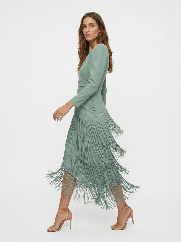 Nalira - Diagonal Fringe Stretch Knit Dress