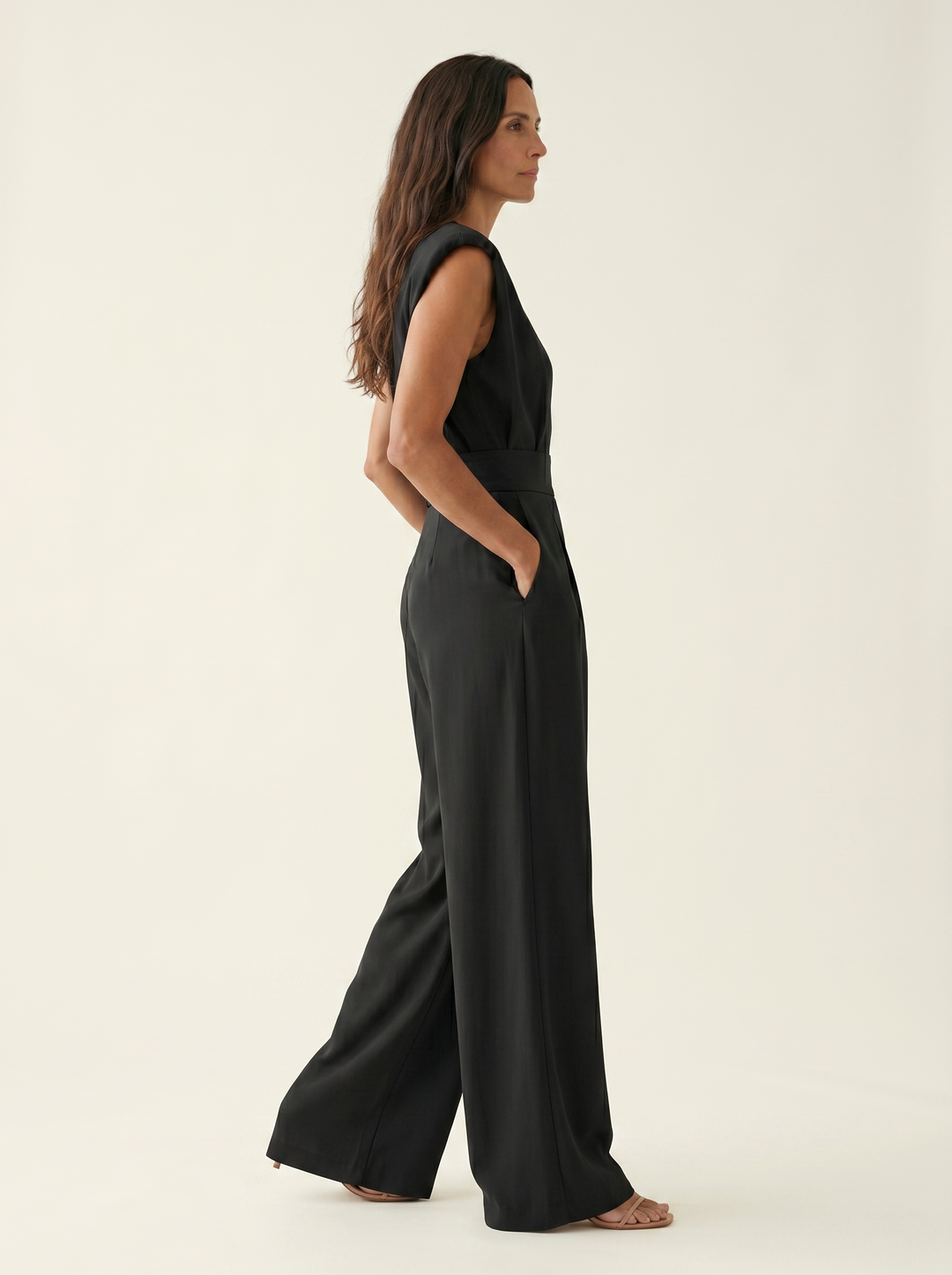 Neraya - Padded-Shoulder Stretch Weave Jumpsuit