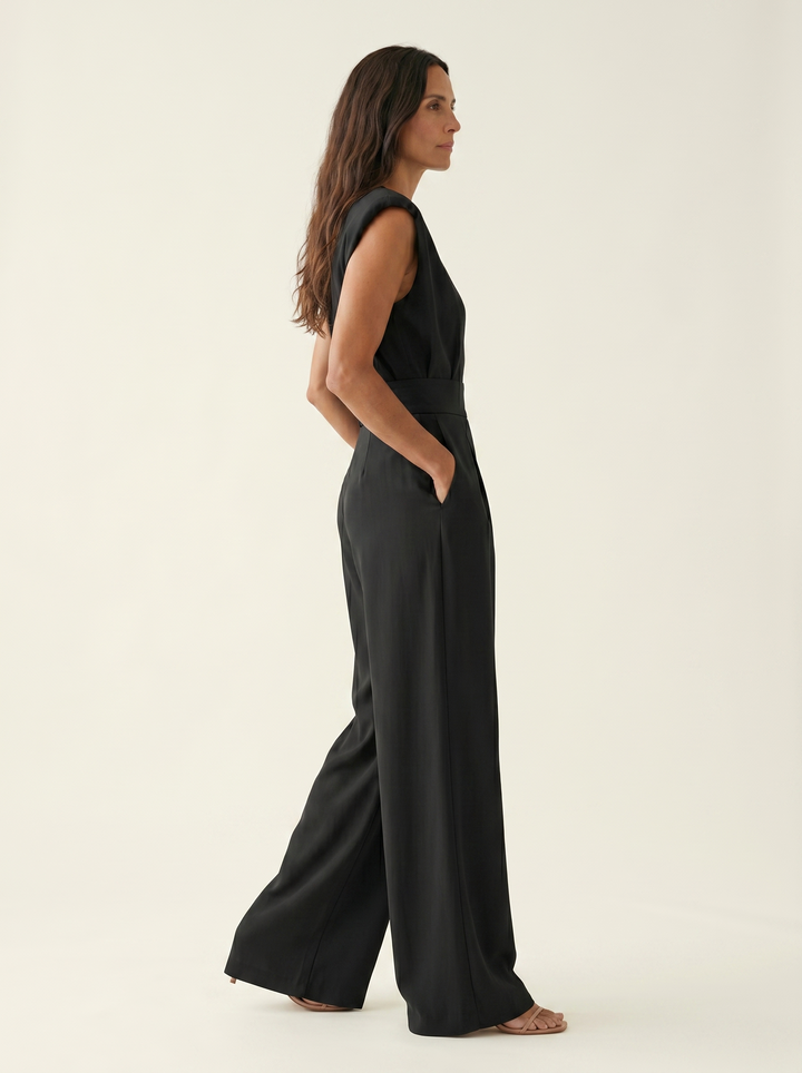 Neraya - Padded-Shoulder Stretch Weave Jumpsuit